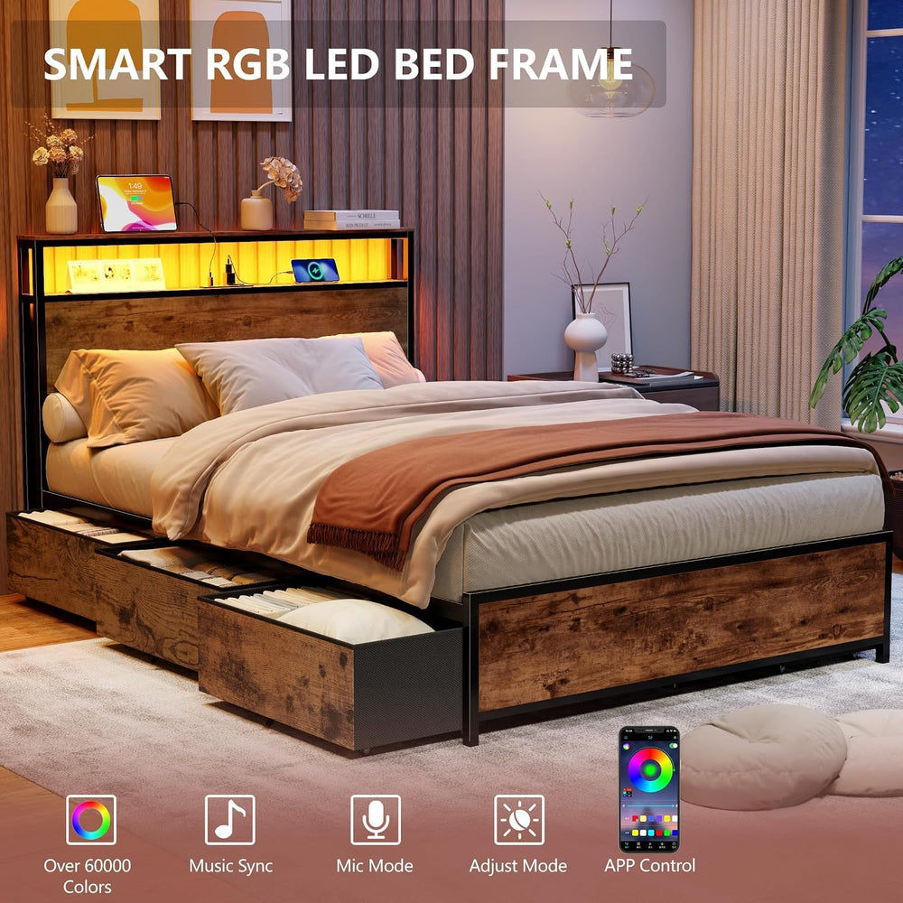 Forestell Full Size Bed Frame with 2-Tier Storage Headboard & 6 Drawers