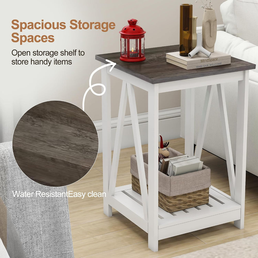End Table, Farmhouse Square Side Table with Slat Shelf, 15.7" Dark Grey