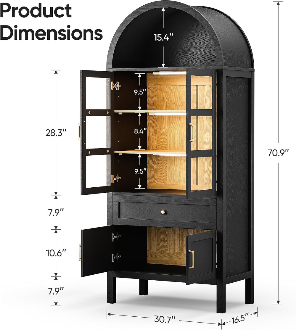 71" Tall Arched Storage Cabinet with Motion Sensor Lights, Farmhouse Fre...