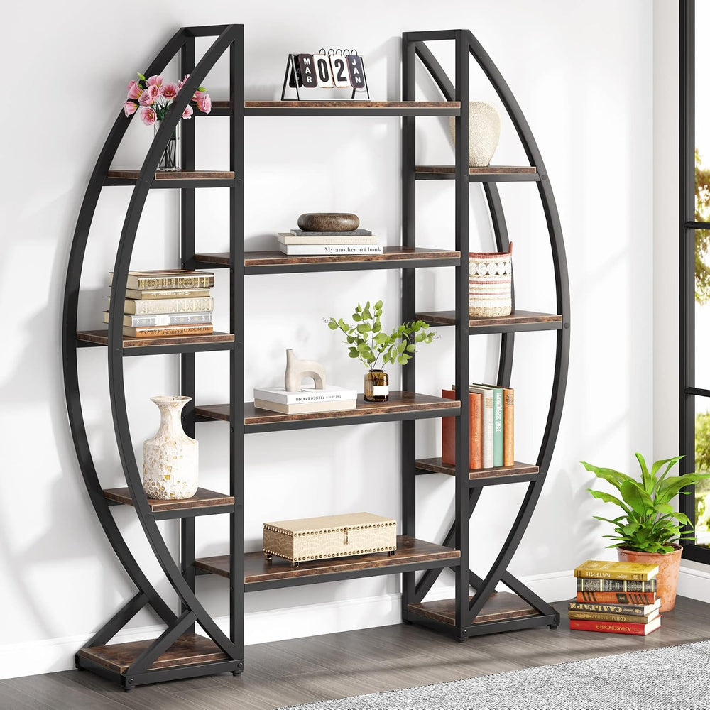 Tribesigns Oval Bookshelf, Triple Wide 5 Tier Etagere Bookcase, Industrial Di...