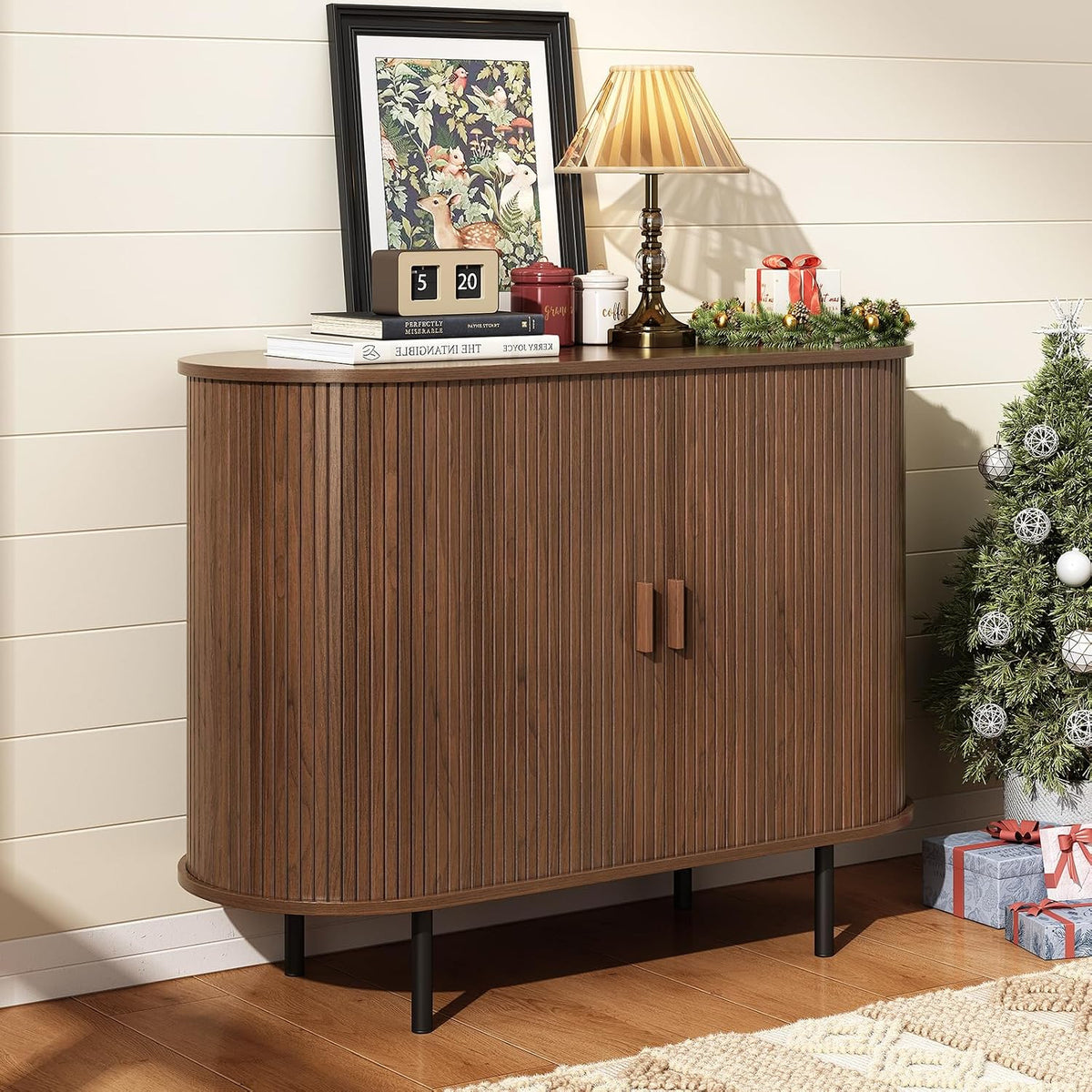 ONBRILL 40" Sideboard Buffet Cabinet, Sliding Door/Adjustable Shelf, Walnut
