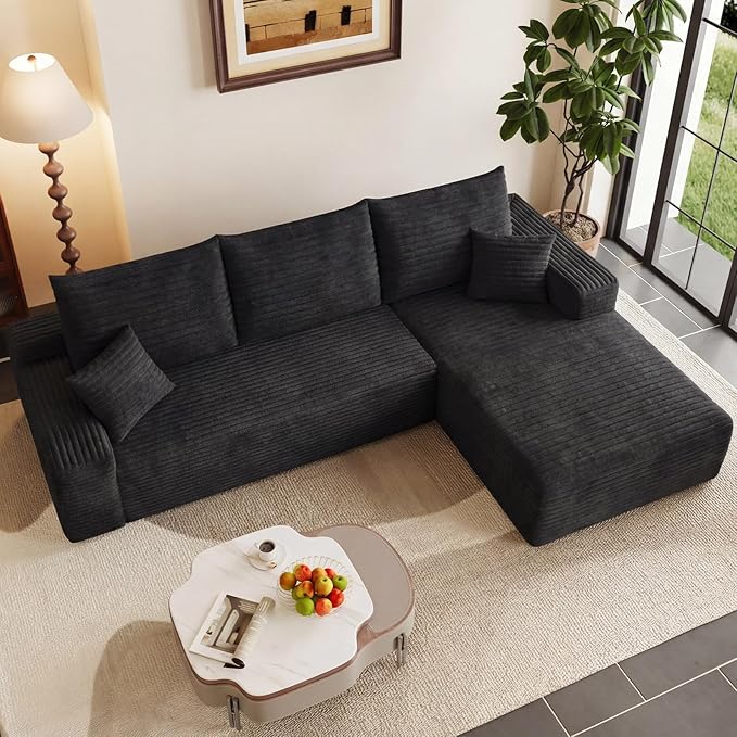 95" Modular Sectional Couch, L Shaped Cloud Sofa with Chaise Lounge, Corduroy Upholstered Couches Memory Foam Deep Seat, No Assembly Required, Ideal for Living Room(Black, Right Facing)