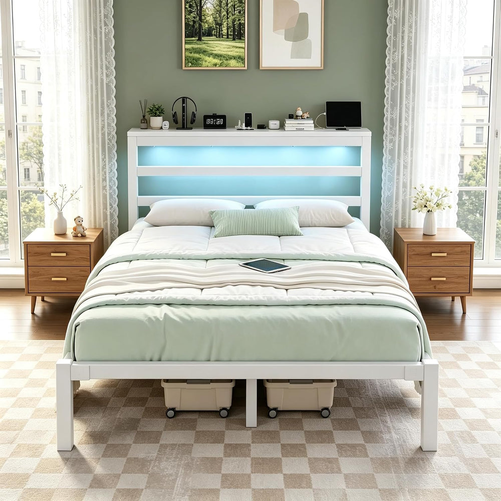 E-Motie Full Bed Frame, Storage Shelf and LED Lights Headboard, White