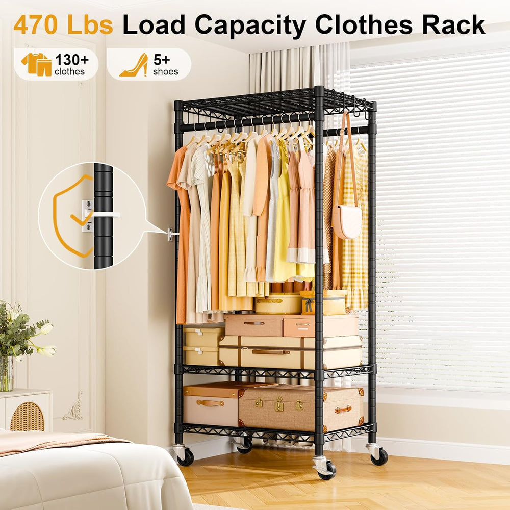 ULIFHOME Clothes Rack, Rolling Clothing Racks for Hanging Clothes, Black