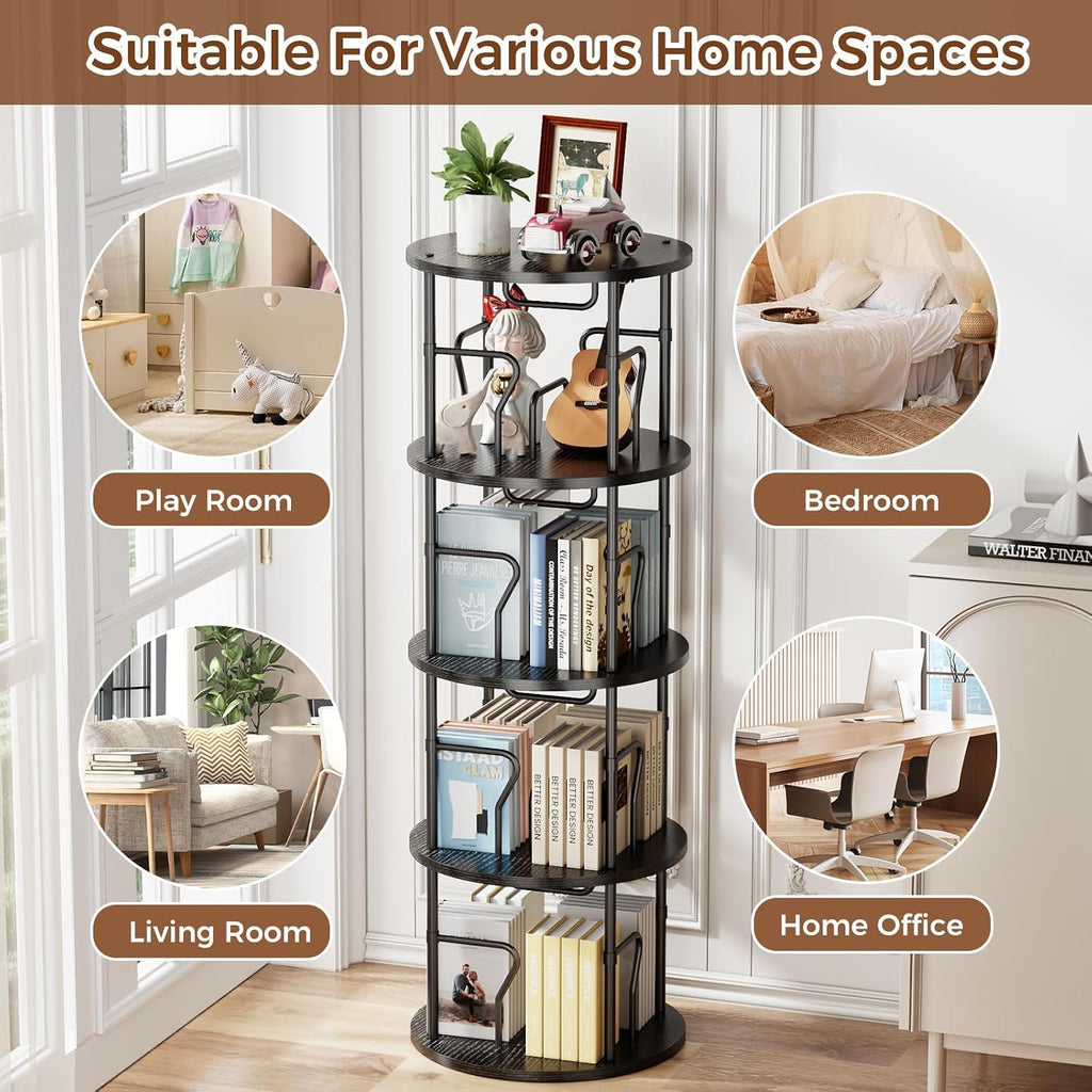 4 Tier Rotating Bookshelf Tower, 360° Display Round Bookcase, Floor Standing Corner Revolving Bookshelf Organizer Storage Rack for Small Spaces, Home Study Office, Black