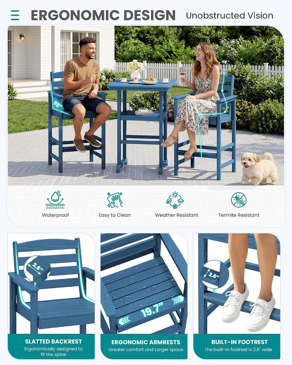 SERWALL 3 Pcs HDPE Bar Height Chairs and Double Layer Pub Table Set, Blue