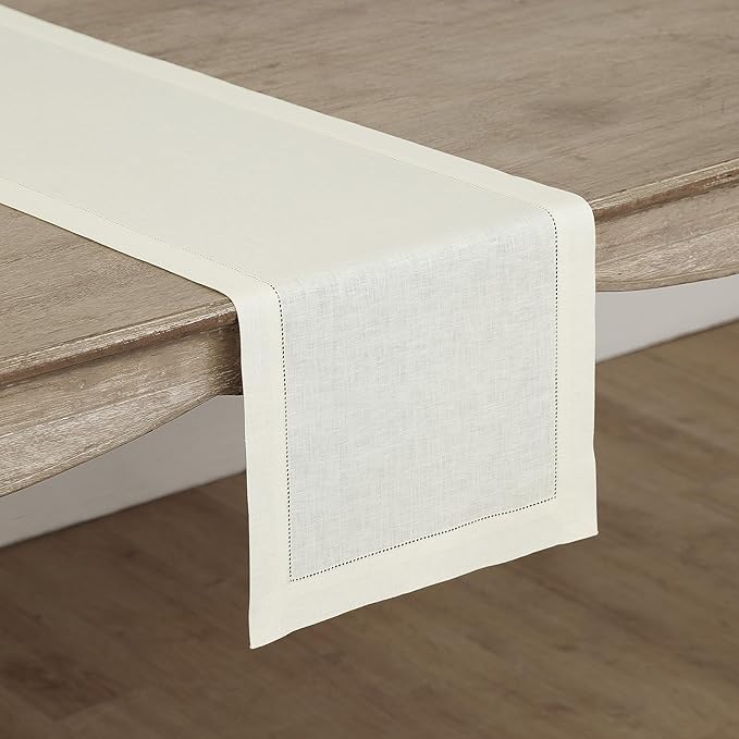 Solino Home Linen Ivory Table Runner 60 Inches - Classic Hemstitch, 100% Pure...