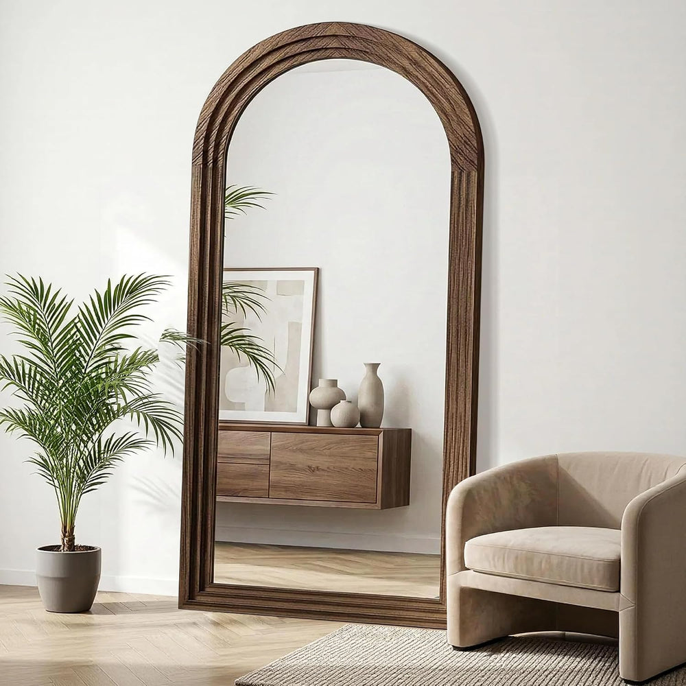 Delma Arched Full Length Mirror with Stand, 75x35 Brown Wood Floor Mirror