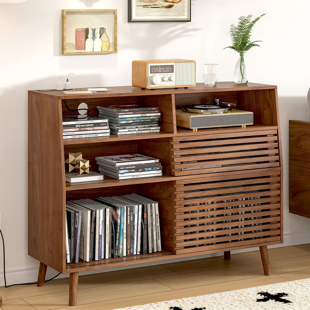 Jluomei Large Record Player Stand, Mid-Century Turntable Stand with Doors and...