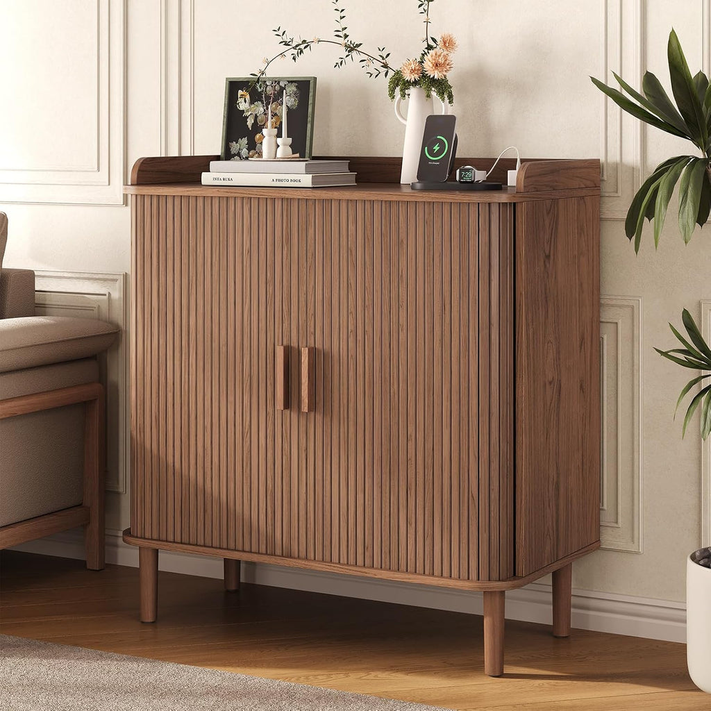 ONBRILL Fluted Bar Cabinet with Storgae, Wine Cabinet, 33" H, Walnut