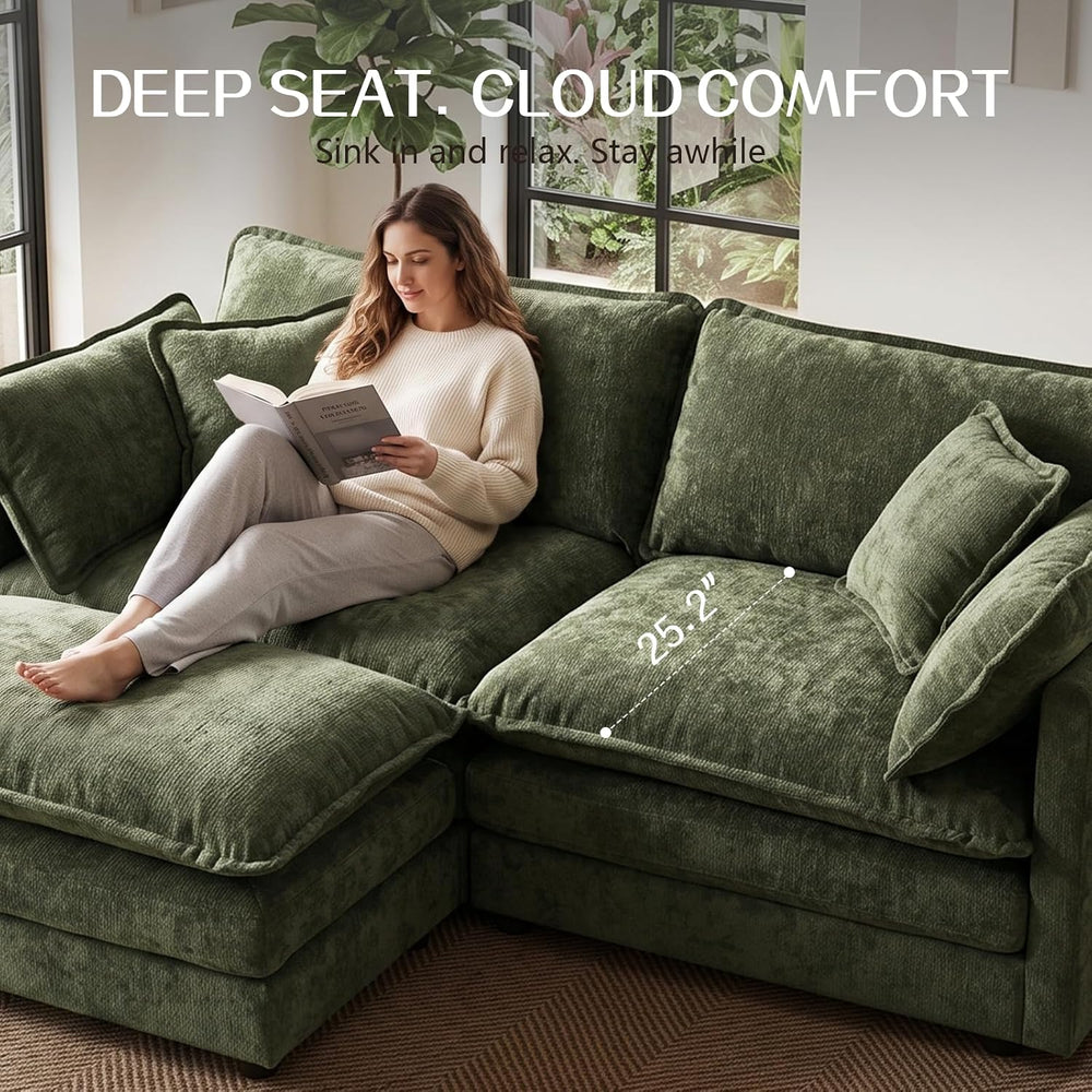 76" Chenille Sectional Sofa, Cloud Couch with Pillow,Deep Seat,Green