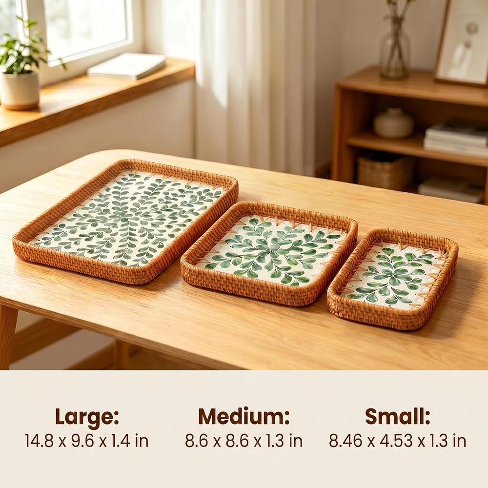 Handwoven Rattan Tray Set with Seashell Detail, Boho Serving Tray
