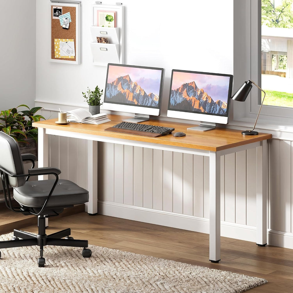 Need 54.3 Inch Large Computer Desk, Teak Wooden Top with White Metal Frame
