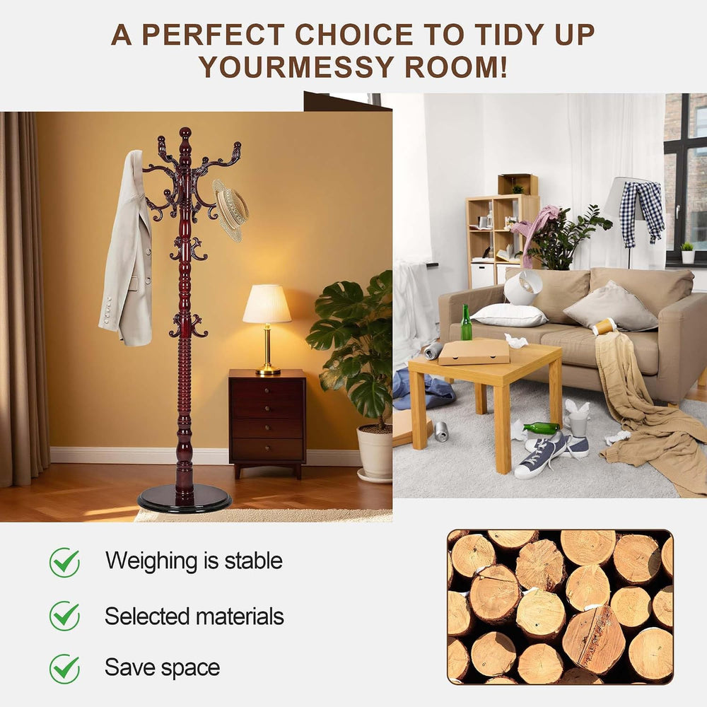 Wooden Coat Rack Freestanding Heavy Duty with 18 Hooks, Mahogany