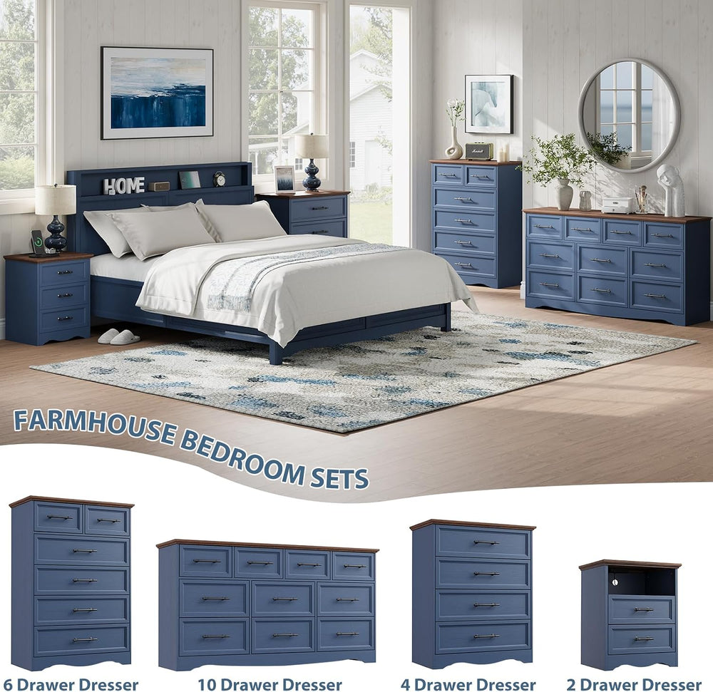 Farmhouse Nightstand with Charging Station, Blue Wood Bedside Table & End...