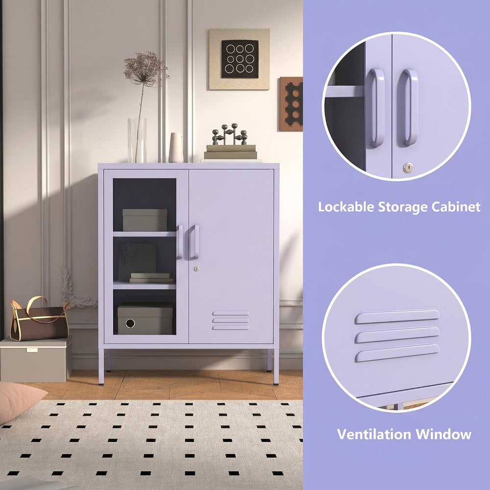 Purple Lockable Glass & Metal Door Storage Cabinet, 3-Tier Freestanding L...