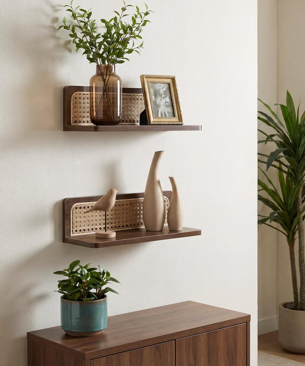 Walnut Rattan Wall Shelf, Mid Century Modern Floating Shelves, MCM