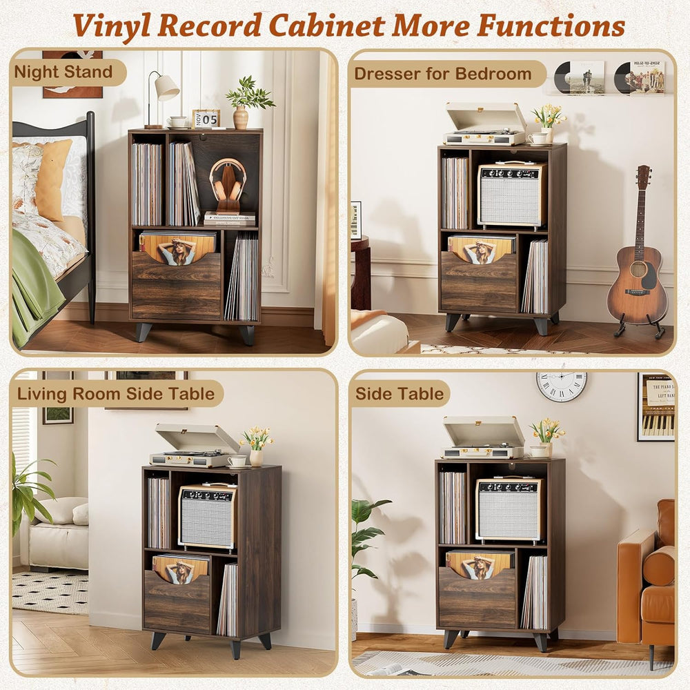 Bikoney Record Player Stand with Vinyl Storage, Mid Century Walnut