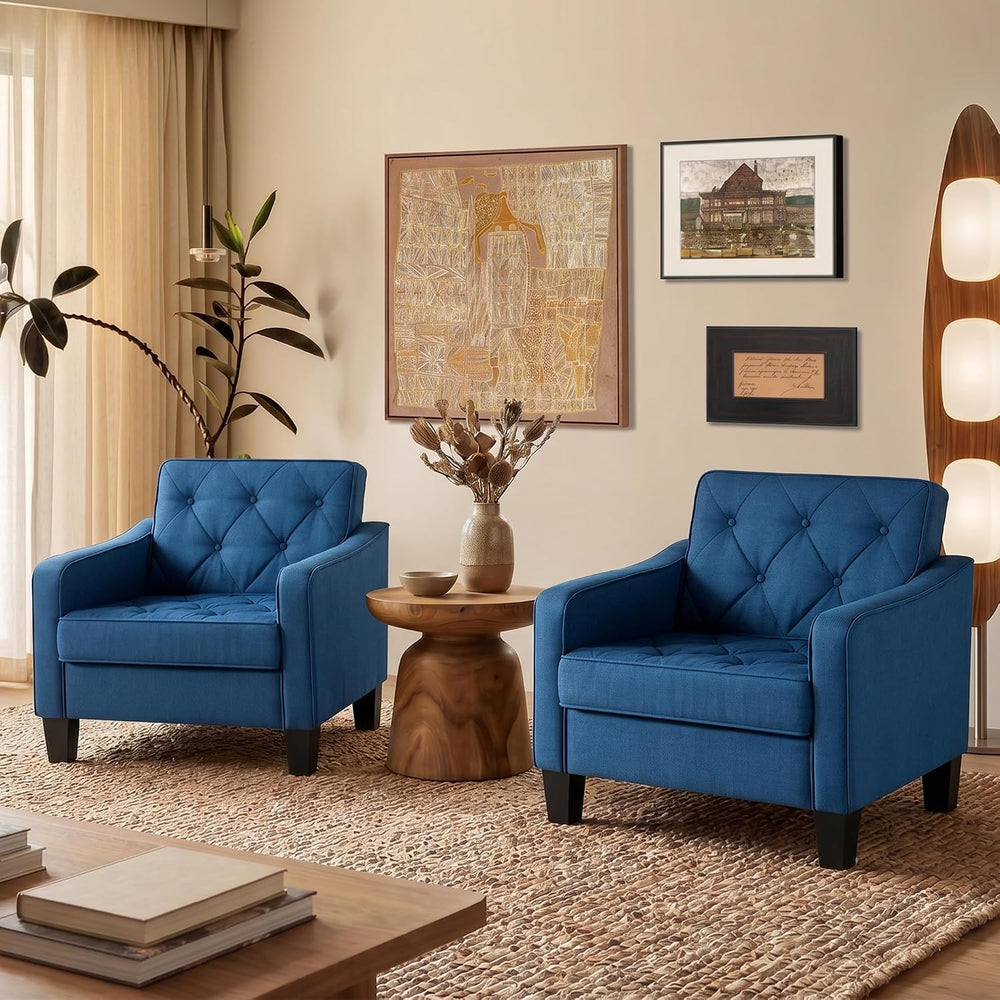 Blue Accent Chairs set 2, Wide Comfy Arm Chair Living Room, Bedroom, Office