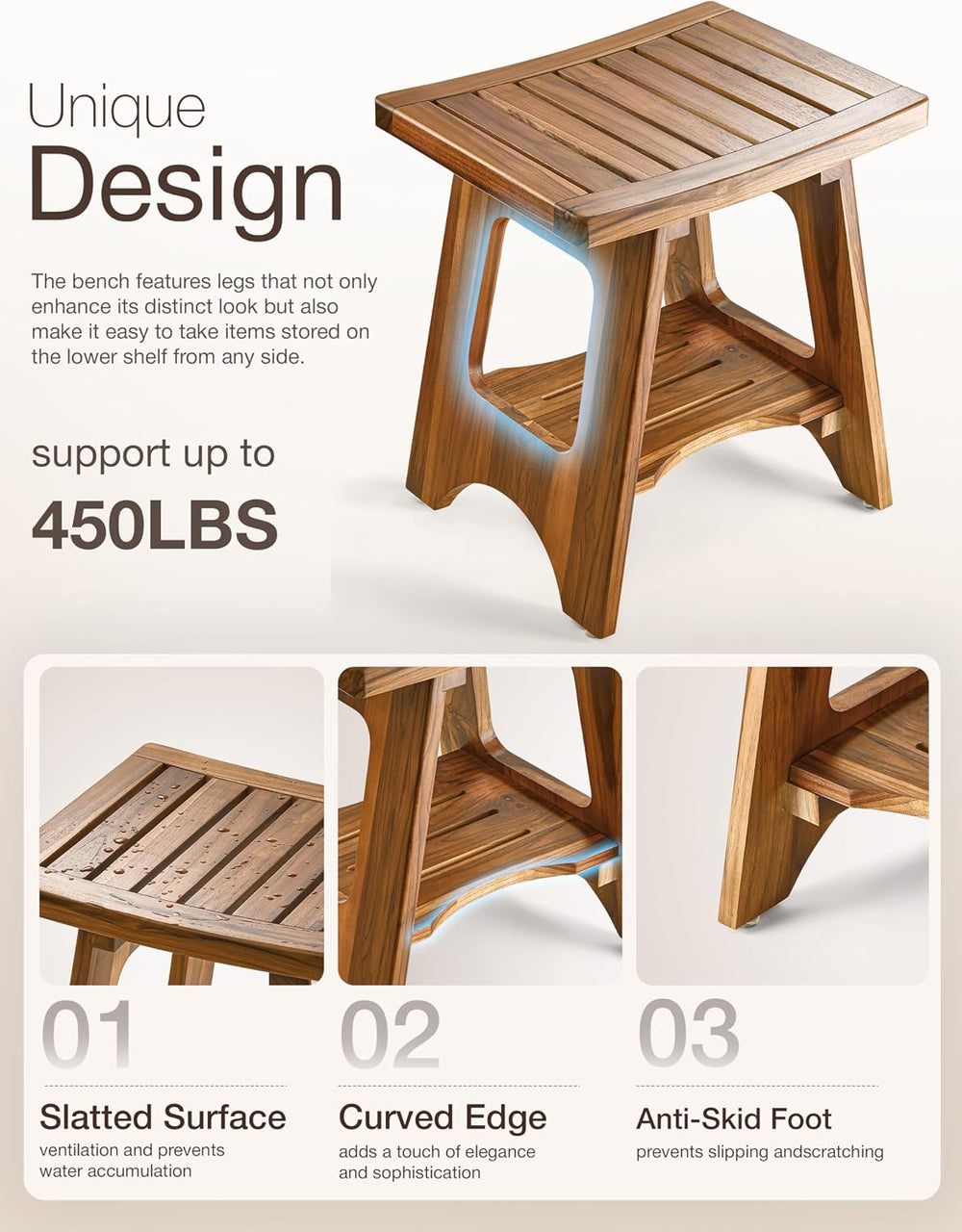 HOLANA 18" Teak Shower Bench, 450 LBS Capacity with Built-in Storage Shelf