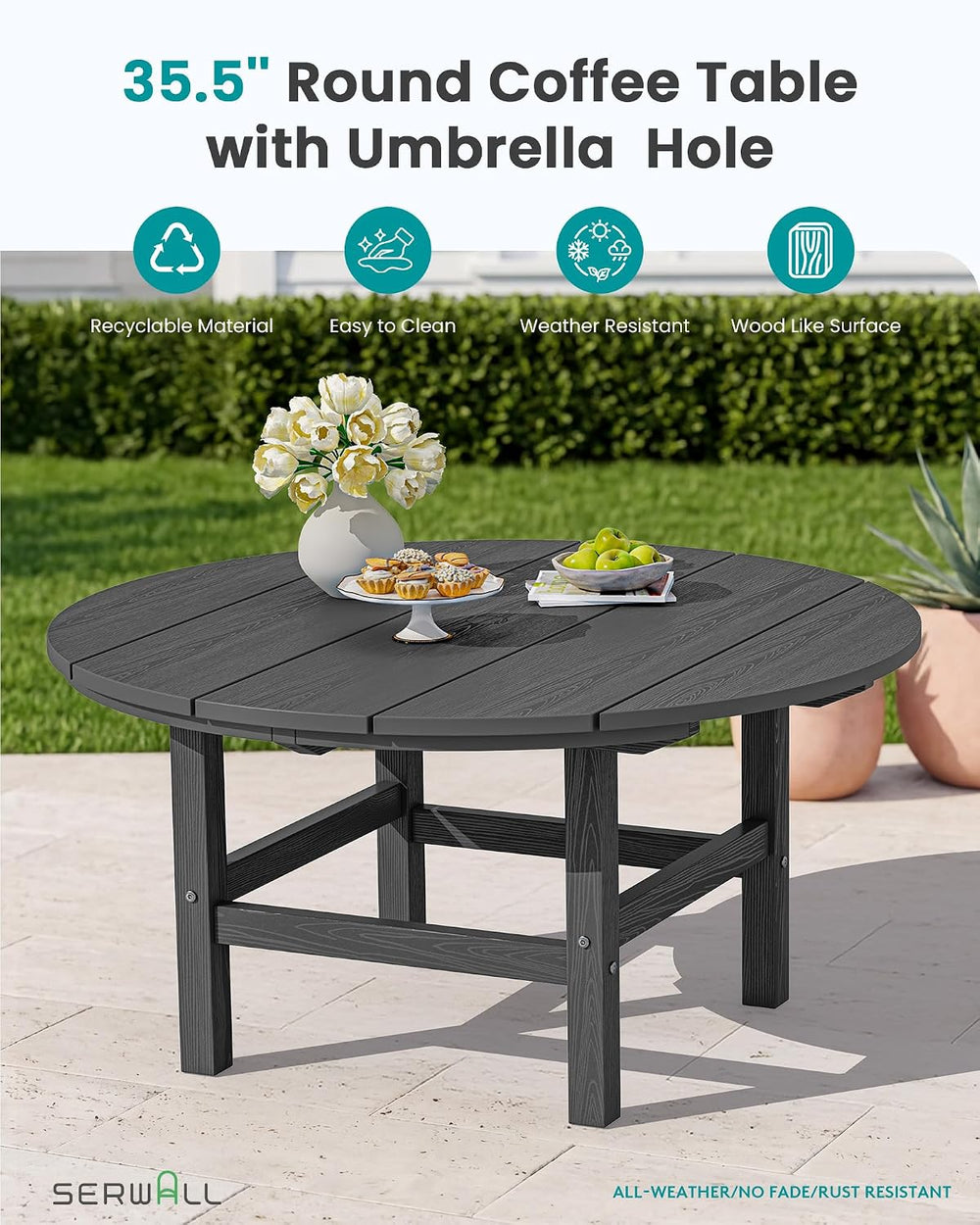 SERWALL 35.5'' Round Outdoor Coffee Table with Umbrella Hole,Grey