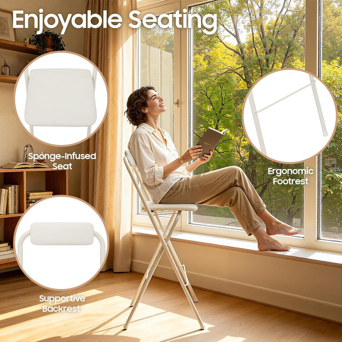 Folding Bar Stool with Backrest, 29.5 Inch Tall Foldable Stool Chair Portable High Folding Bar Chair Counter Height Seat, for Kitchen Island Shop Cafe Dining Room White