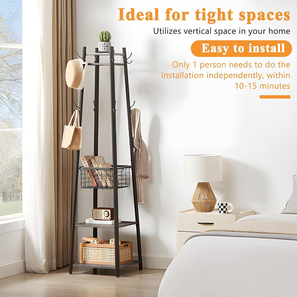 VECELO Coat Rack Freestanding,Hall Tree with Metal Basket and Storage Shelves...
