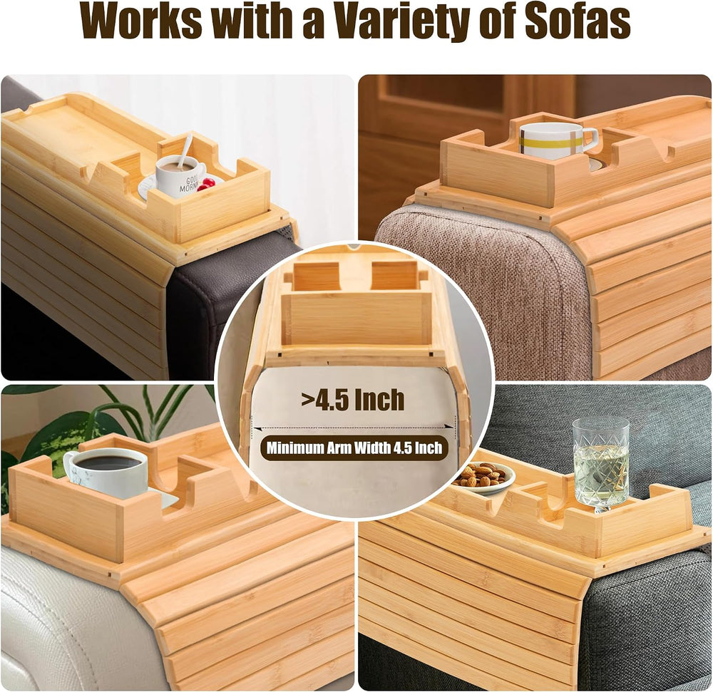 2 Pack Bamboo Couch Cup Holder, Foldable and Anti-Slip Sofa Arm Table with De...
