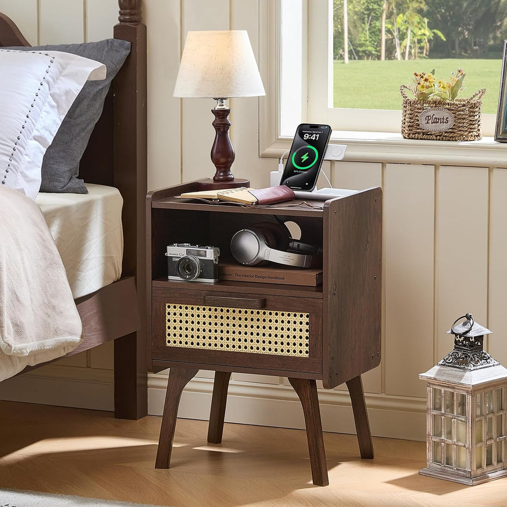 Lerliuo Rattan Nightstand with Charging Station, Side Table with Drawer