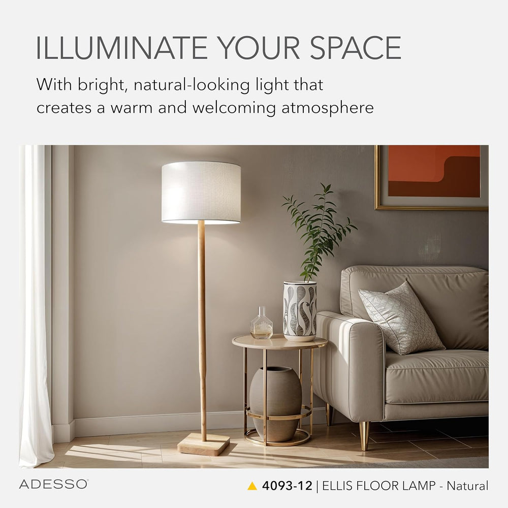 Adesso Floor Lamp, Natural Rubberwood & White Linen, 3-Way, 58.5”