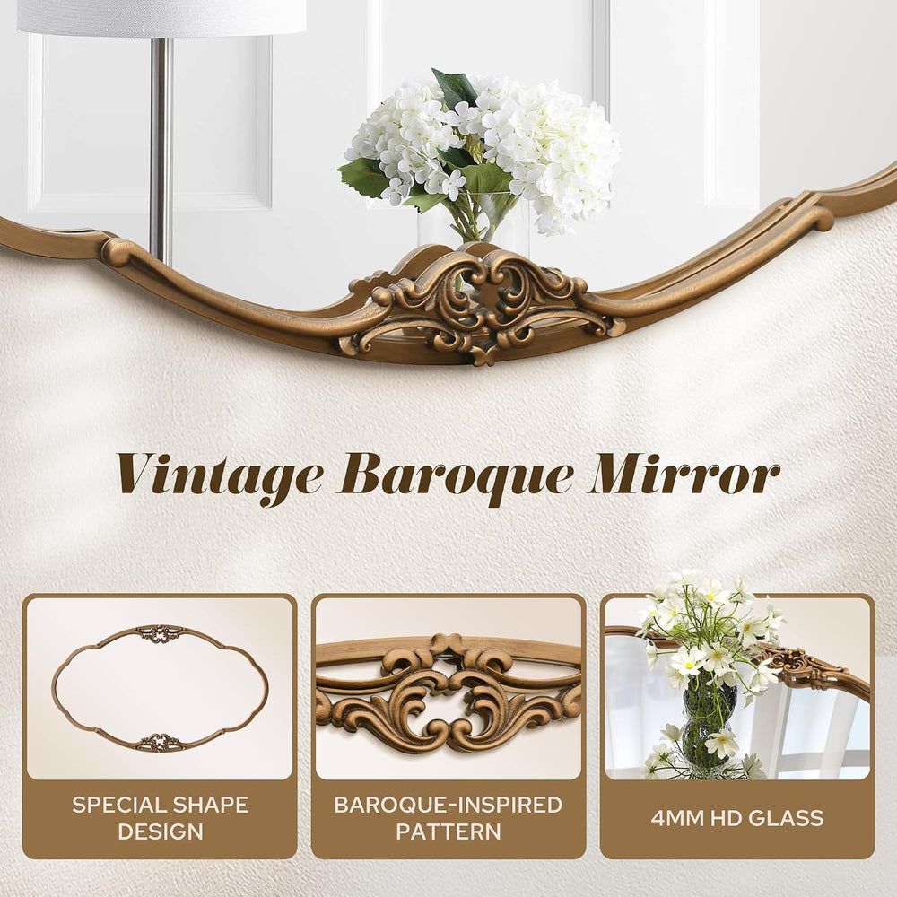 Besdomus Vintage Gold Wall Mirror: 33"x19.5" Medium Antique Oval Mi...