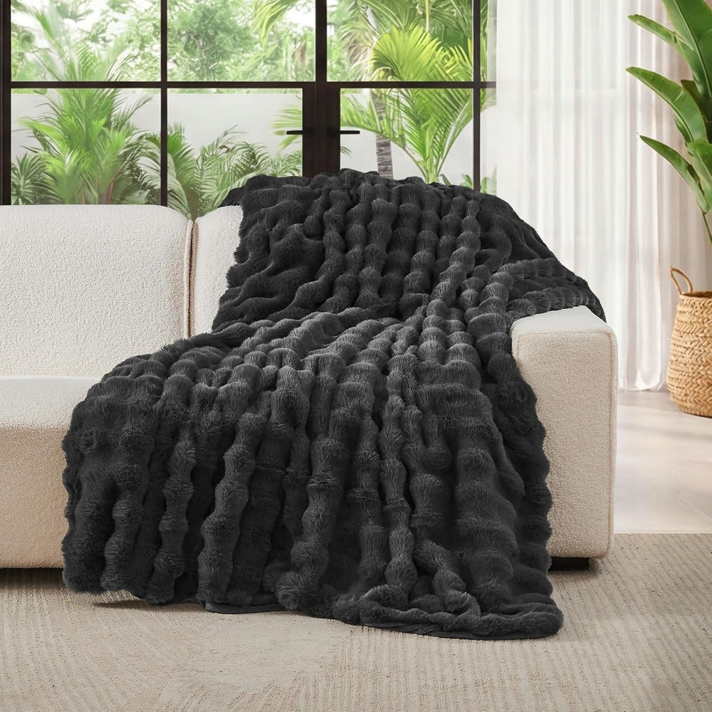 Lotus Karen Faux Fur Blanket Dark Gray Twin Size - Big Bubble Rabbit Fluff Th...
