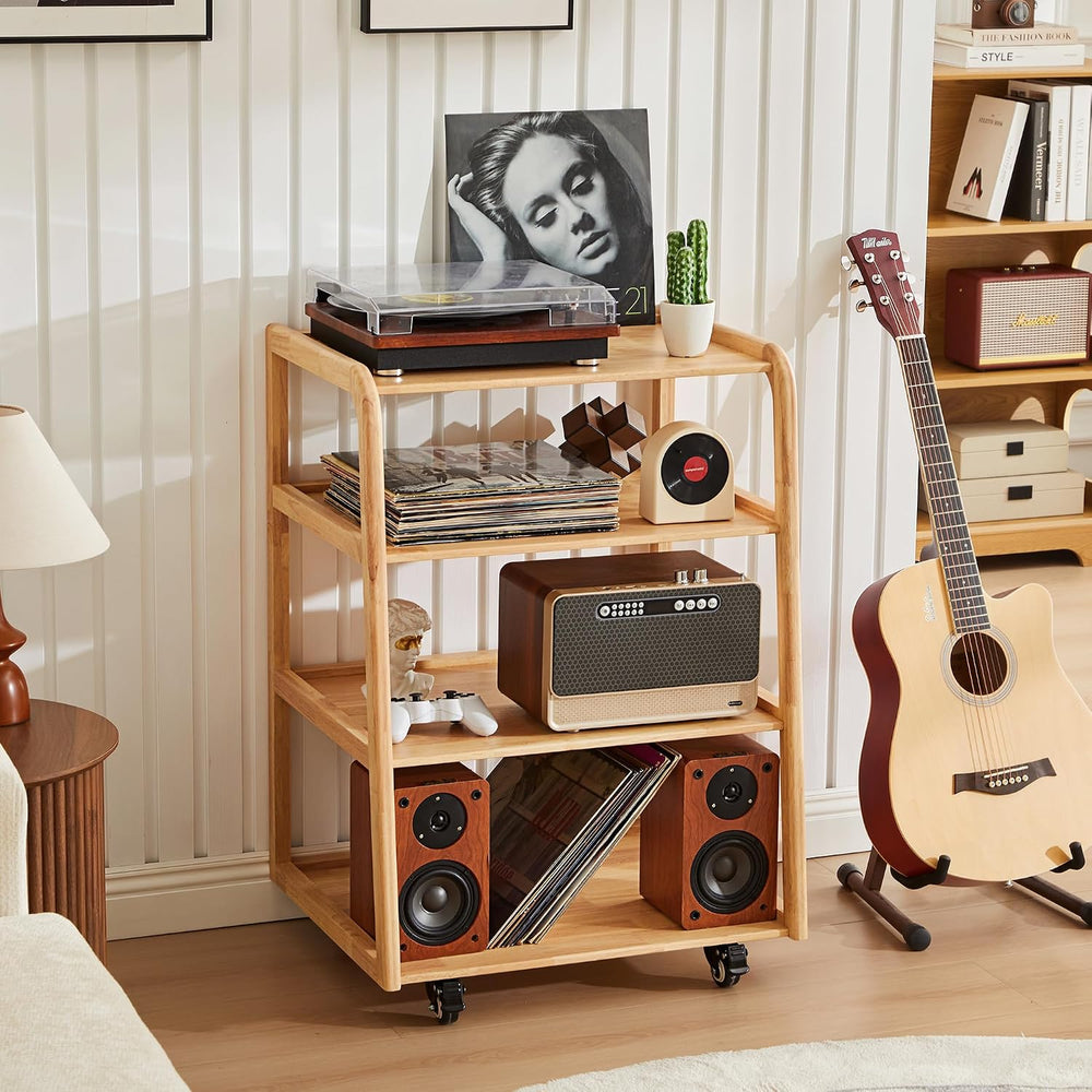 Solid Wood AV Media Stand, 4-Tier Audio Rack with Lockable Casters