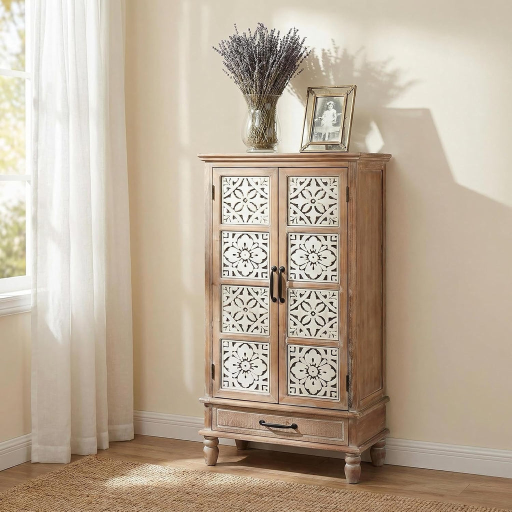 LKTART 55" Tall Carved Accent Cabinet,Solid Wood Sideboards Buffet Cabinet