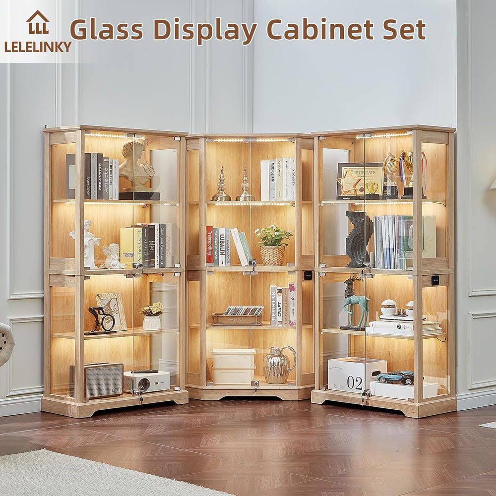 LELELINKY Farmhouse Glass Display Cabinet with Lock, Natural Wood
