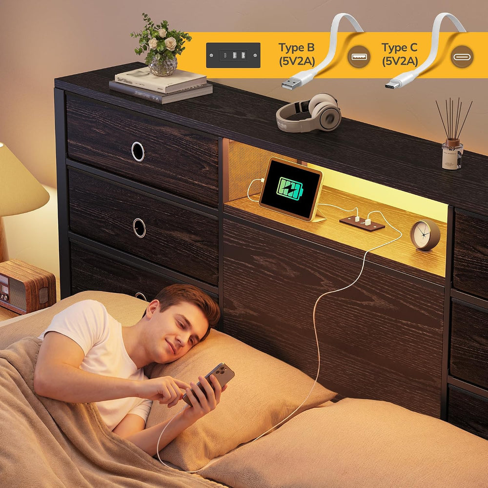 Homkdom Queen Size Bed Frame with 8 Drawers and Charging Station,Black