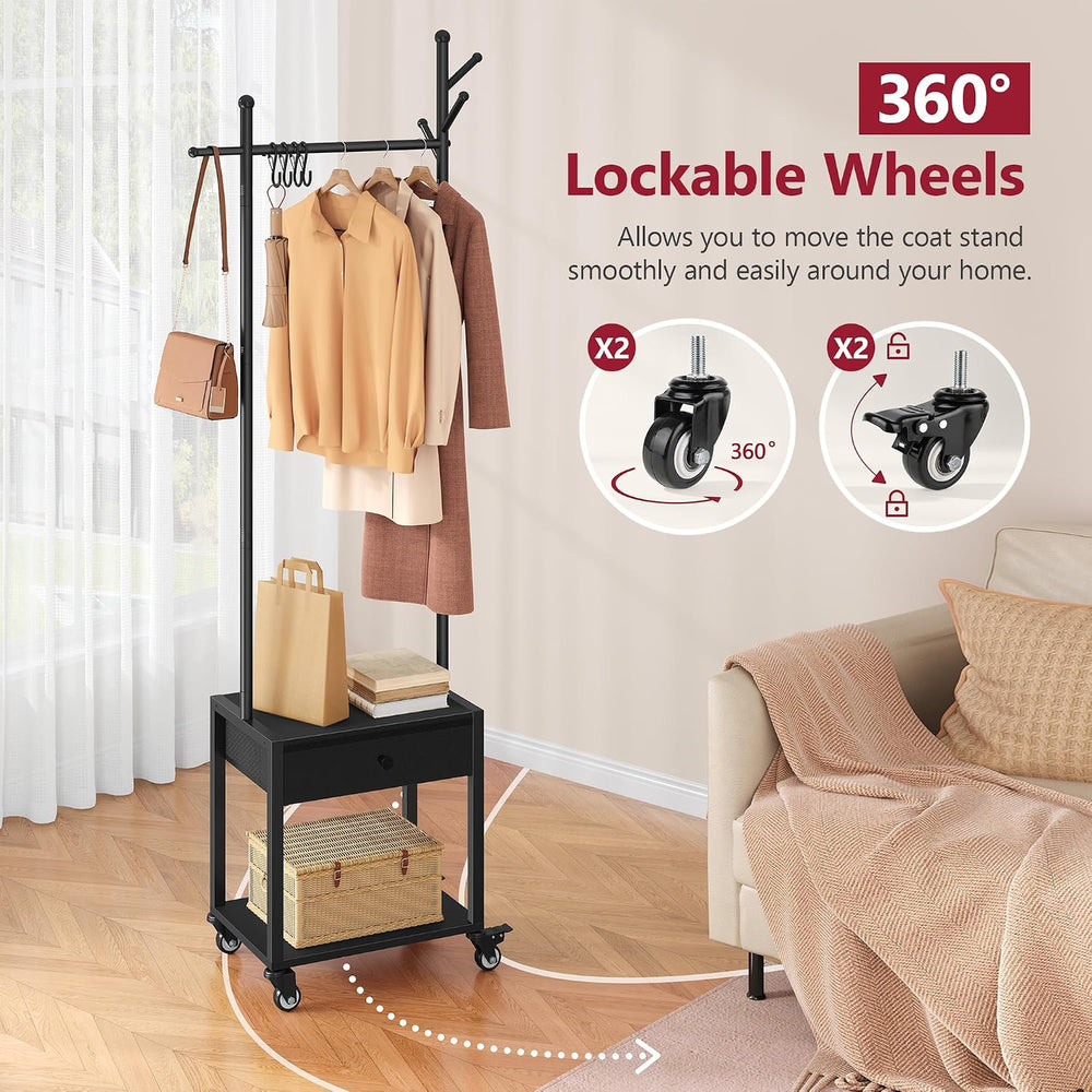 Tajsoon Coat Rack Stand with Lockable Wheel, Wooden Coat Stand with Drawer