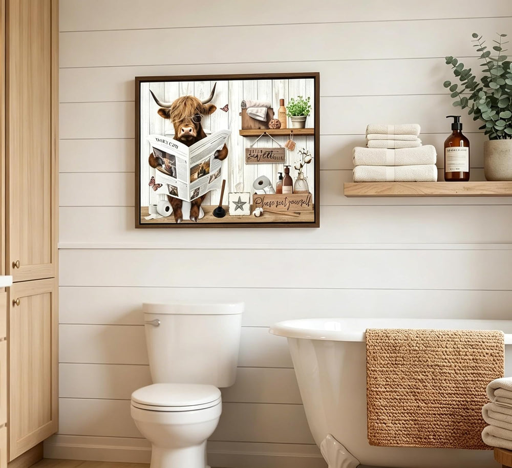 Highland Cow Bathroom Wall Art Rustic Funny Farmhouse Wall Decor 16×24 in