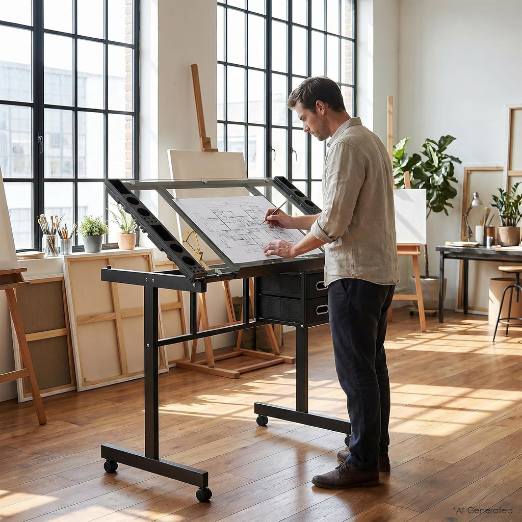 Rolling Drafting Table on Wheels, Painting Table Art Craft Desk Crafting Table with Tilting Transparent Tempered Glass Top, 2 Fabric Storage Drawers and 4 Wheels (Black)