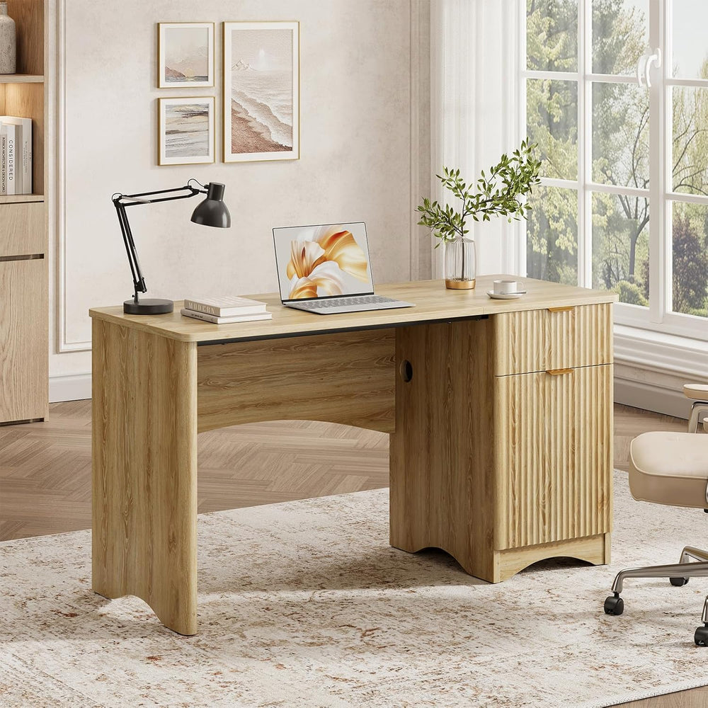 Bestier 47 inch Fluted Computer Desk with Drawer, Office Desk with File Cabin...