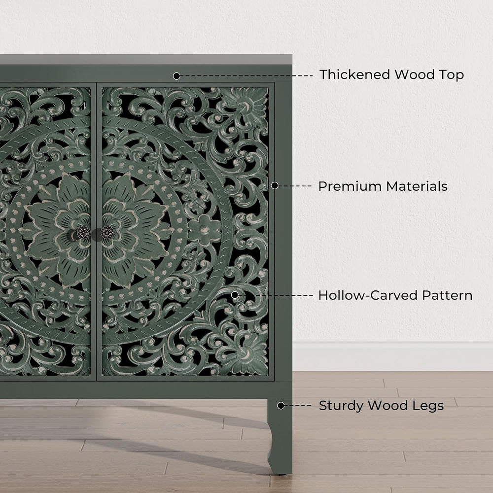 Buffet Cabinet with Storage, 4 Carved Doors Accent Cabinet, Green