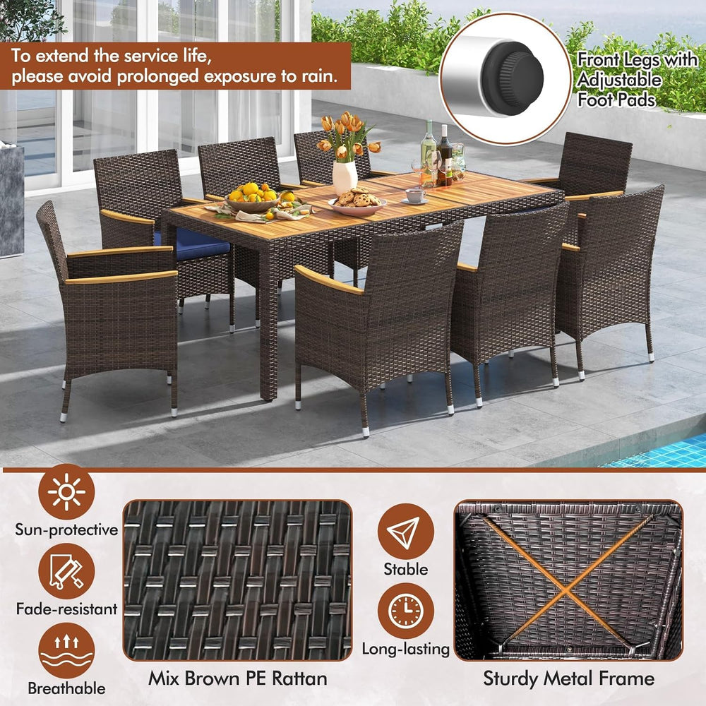 HAPPYGRILL 9 Pieces Acacia Wood Patio Dining Set for 8 People, Outdoor Rattan...