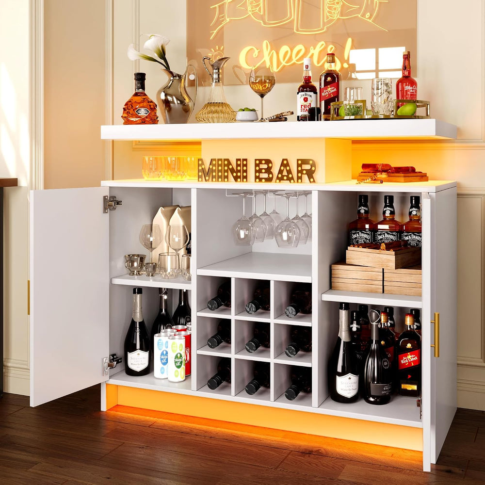 DreamDashio White Wine Cabinet, Fluted Coffee Bar with LED & Outlets