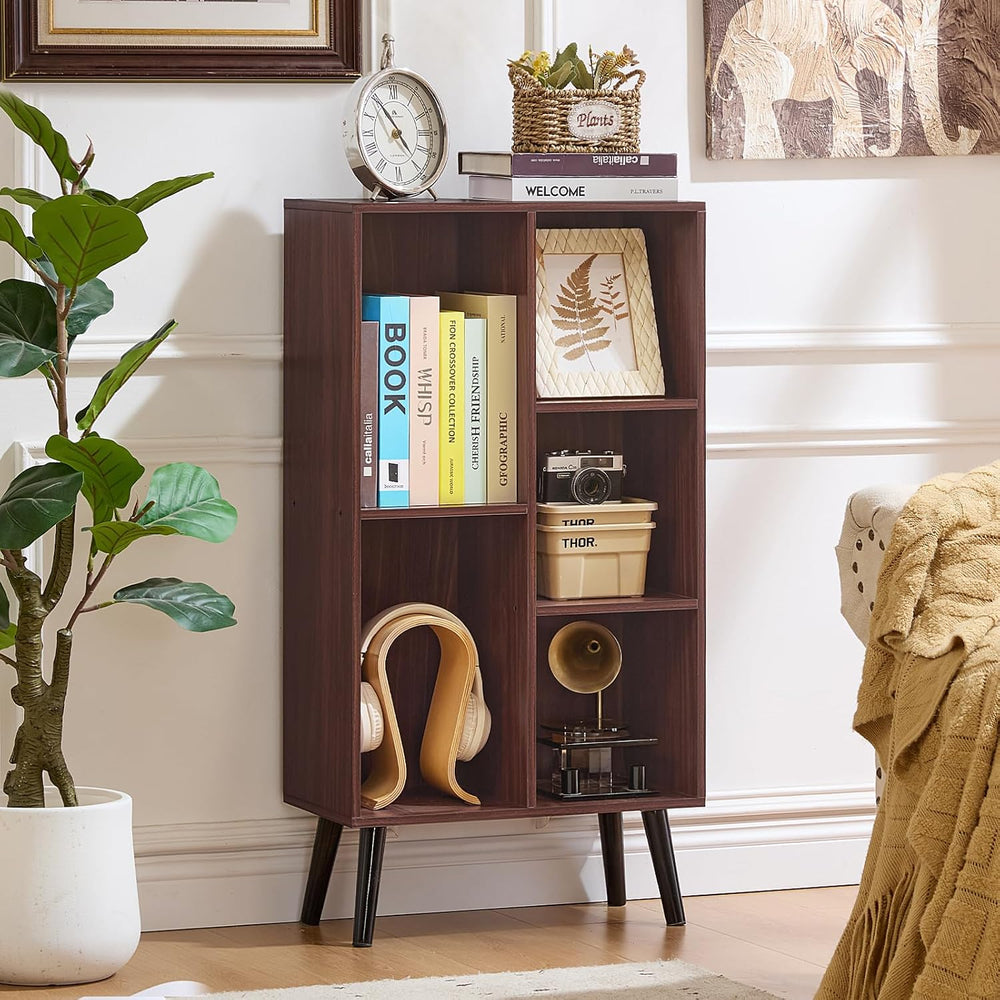 LEYAOYAO 5 Cube Bookshelf, Mid-Century Modern Book Shelf with Legs, Walnut