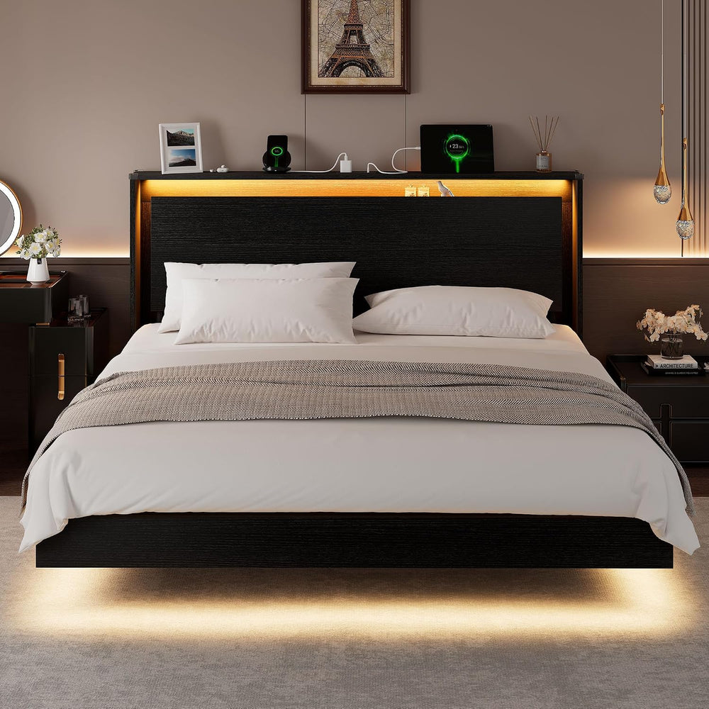 Einhomn King Size Bed Frame with LED Lights & Charging Station – Wood Flo...