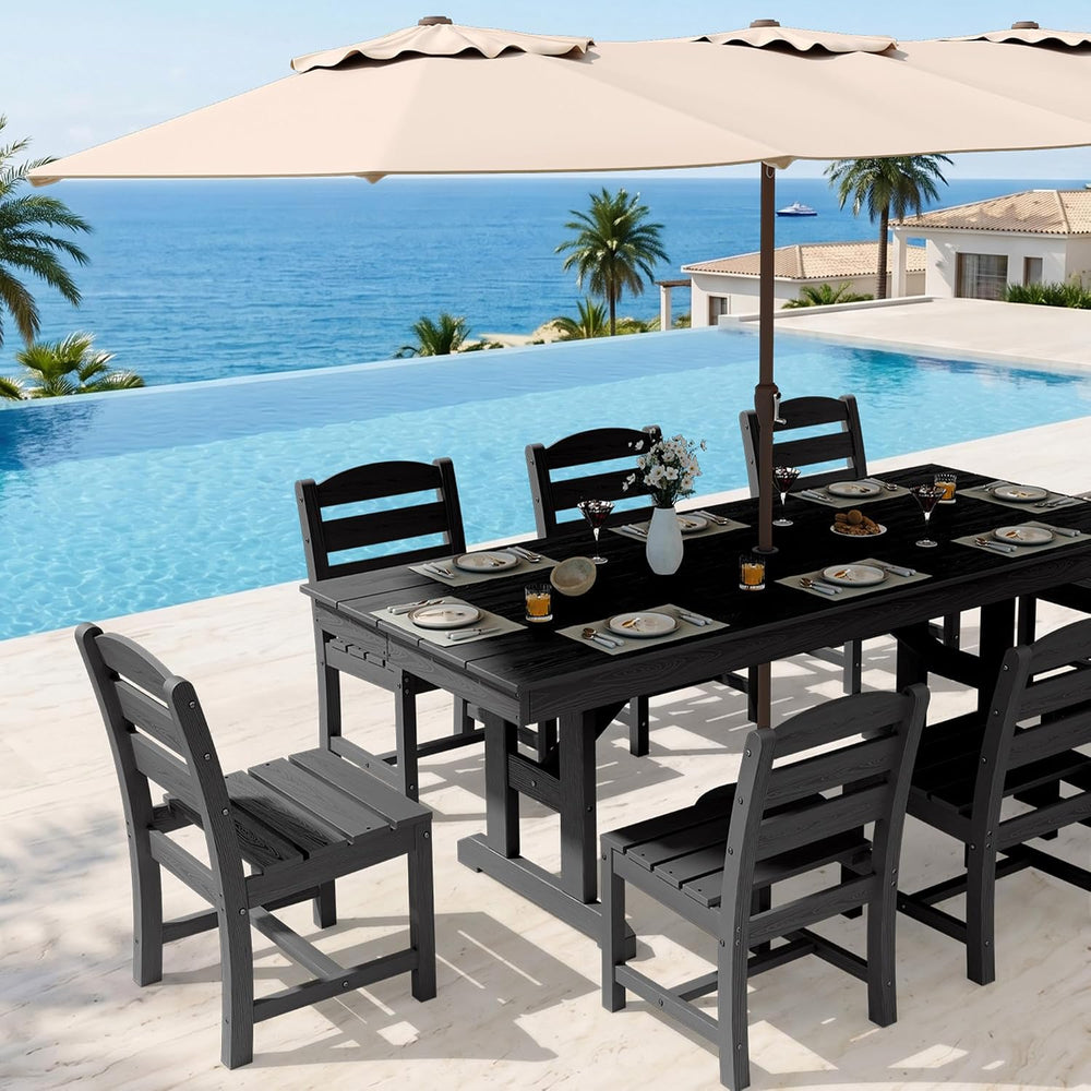 KINGYES Outdoor Dining Set,84'' Table w/Umbrella Hole & Armless C...