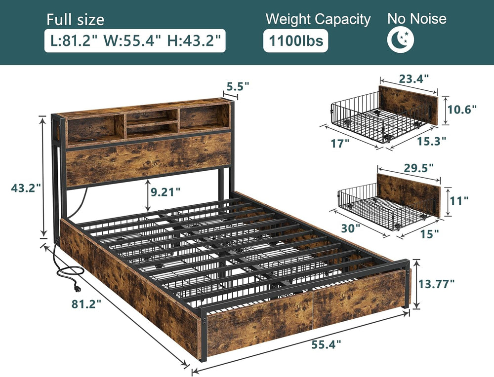 EnHomee Full Bed Frame with 6 Storage Drawers, Charge Station,Noise-Free