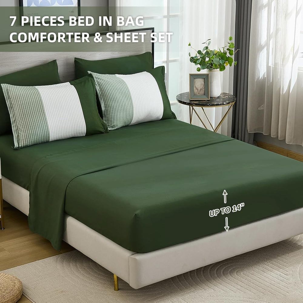 Queen Comforter Set Olive Green, 7 Pieces Boho Striped Bed in a Bag