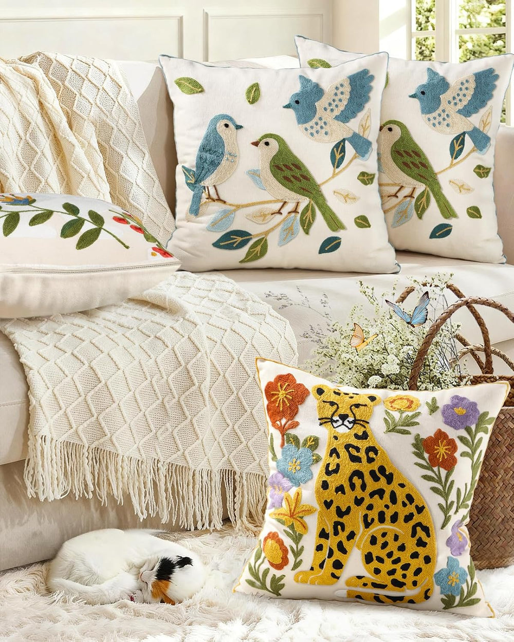 Animal Embroidered Throw Pillow Covers 18x18 Inch, Birds Leaves