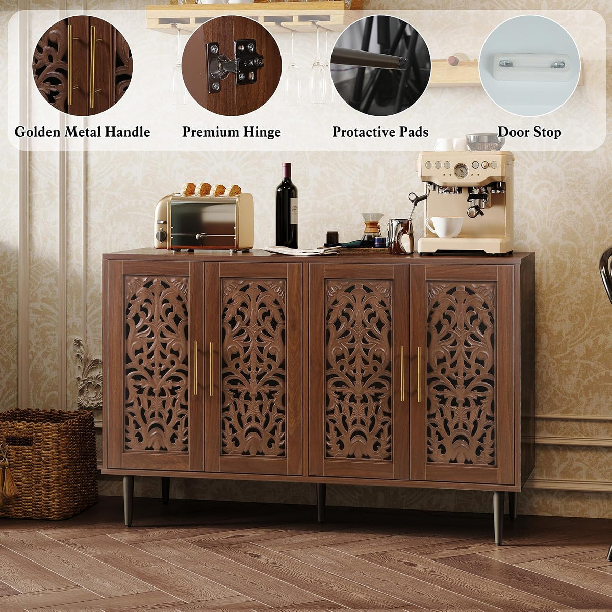 ARTPOWER 47.8" Vintage Accent Cabinet with 4 Hollow Carving Doors, Walnut